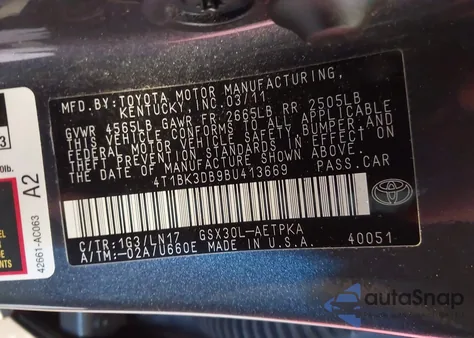 2011 Toyota Avalon Limited z USA, uszkodzony, nr VIN 4T1BK3DB9BU413669